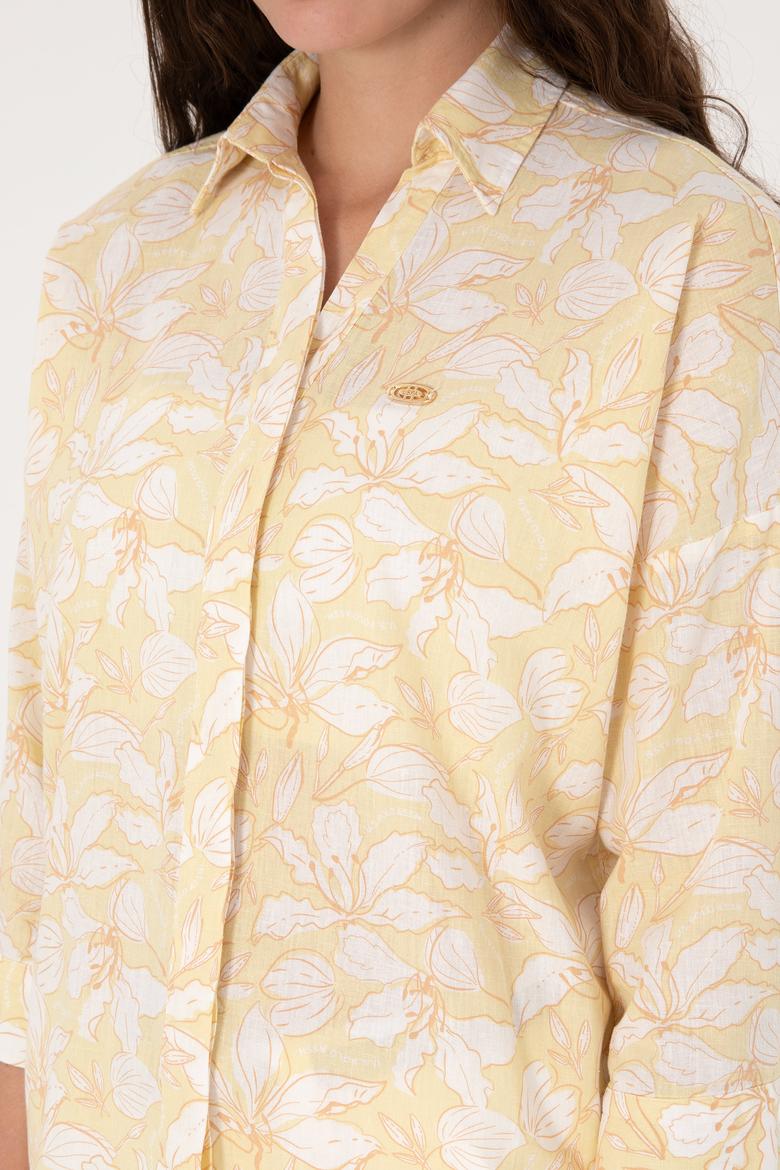 Kadın Açık Haki Keten Karışımlı Uzun Kollu Gömlek - 50299572009