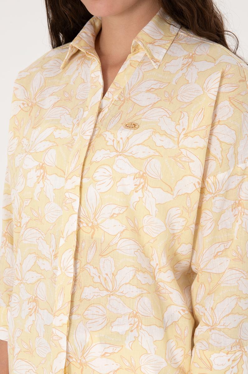 Kadın Açık Haki Keten Karışımlı Uzun Kollu Gömlek