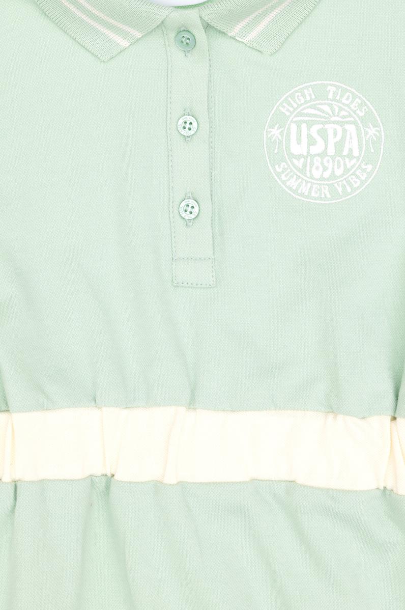 Kız Çocuk Su Yeşili Polo Yaka Kısa Kol A-Form Örme Elbise