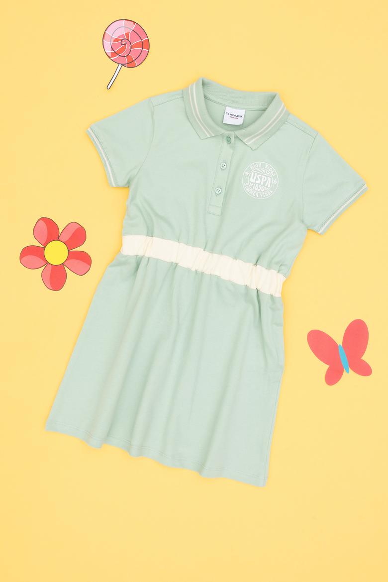Kız Çocuk Su Yeşili Polo Yaka Kısa Kol A-Form Örme Elbise - 50306260010