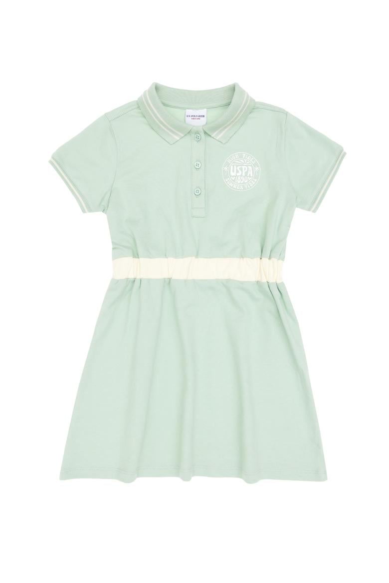 Kız Çocuk Su Yeşili Polo Yaka Kısa Kol A-Form Örme Elbise - 50306260010