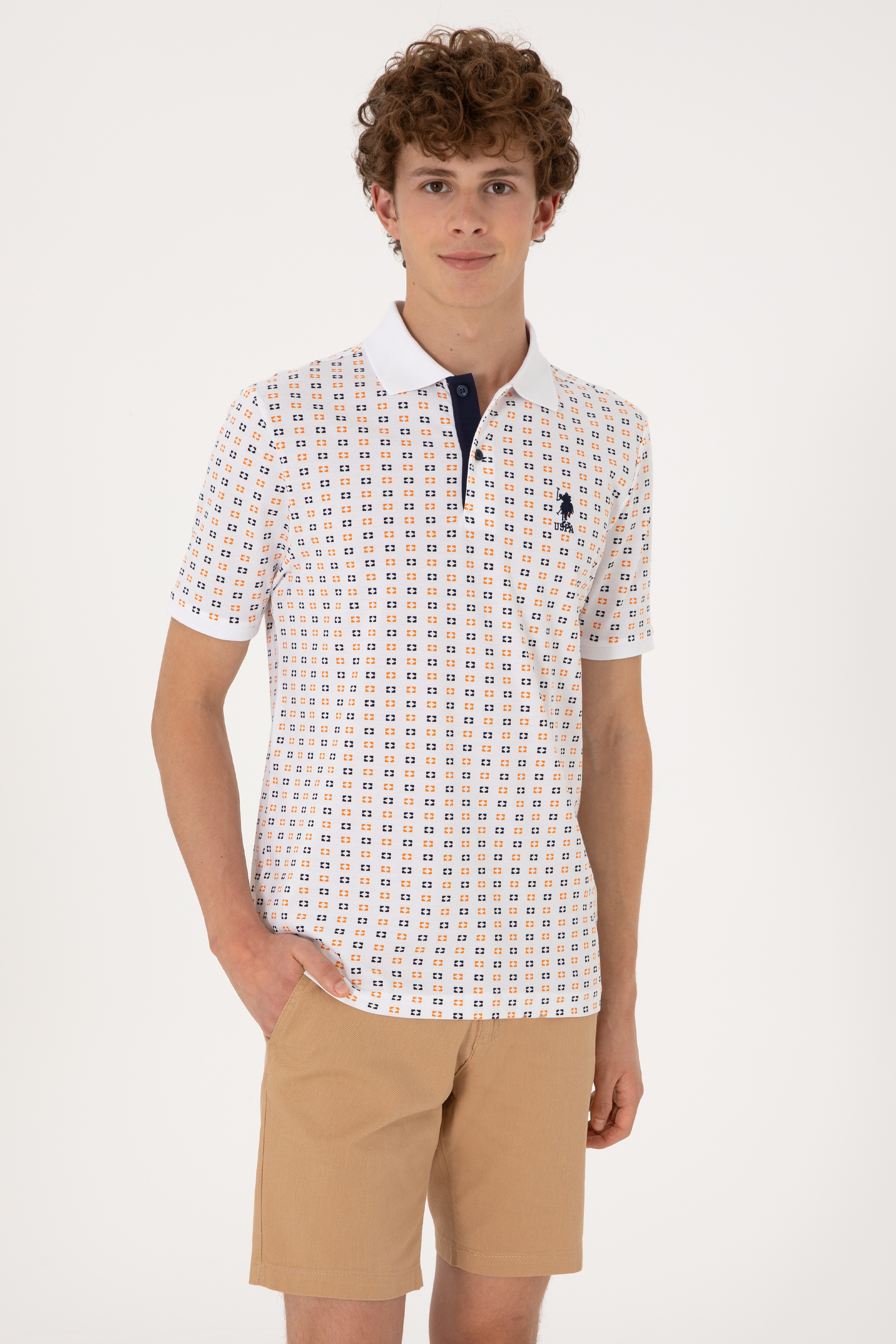 Erkek Regular Fit Beyaz Polo Yaka Desenli Tişört - Image 1