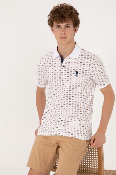 Erkek Regular Fit Beyaz Polo Yaka Desenli Tişört