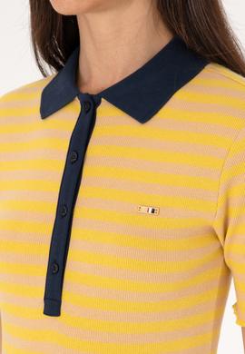 Kadın Koyu Sarı Çizgili Polo Yaka Tişört - 50306031006