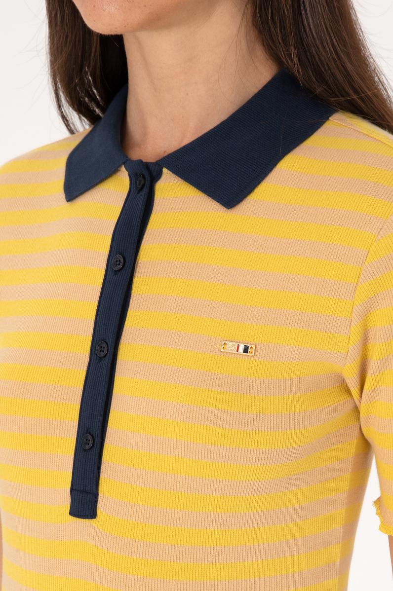 Kadın Koyu Sarı Çizgili Polo Yaka Tişört