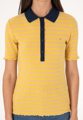 Kadın Koyu Sarı Çizgili Polo Yaka Tişört - 50306031006