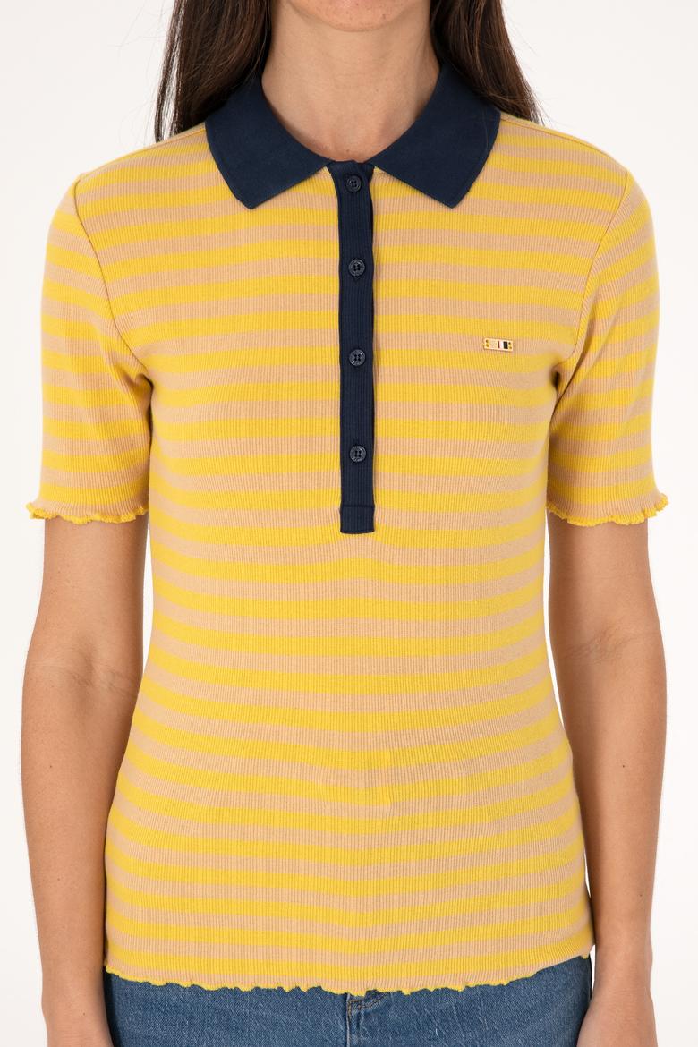 Kadın Koyu Sarı Çizgili Polo Yaka Tişört - 50306031006