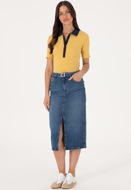 Kadın Koyu Sarı Çizgili Polo Yaka Tişört - 50306031006