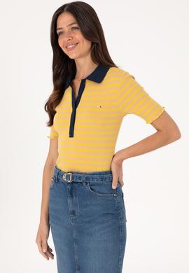 Kadın Koyu Sarı Çizgili Polo Yaka Tişört - 50306031006