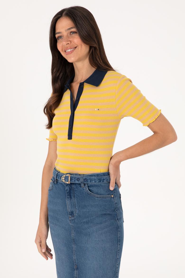 Kadın Koyu Sarı Çizgili Polo Yaka Tişört - 50306031006