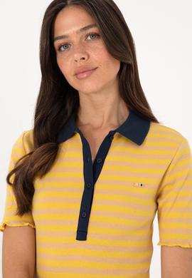 Kadın Koyu Sarı Çizgili Polo Yaka Tişört - 50306031006