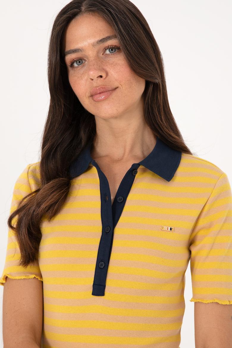 Kadın Koyu Sarı Çizgili Polo Yaka Tişört - 50306031006