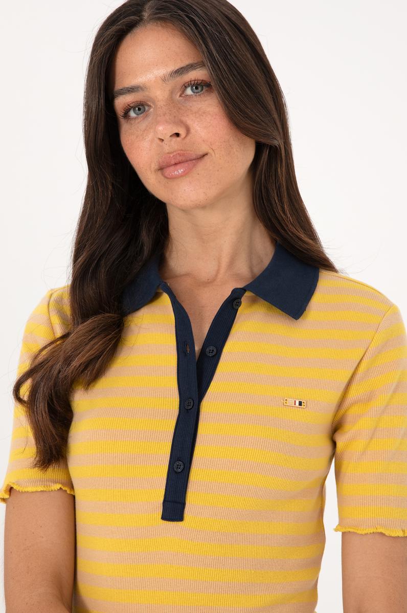 Kadın Koyu Sarı Çizgili Polo Yaka Tişört