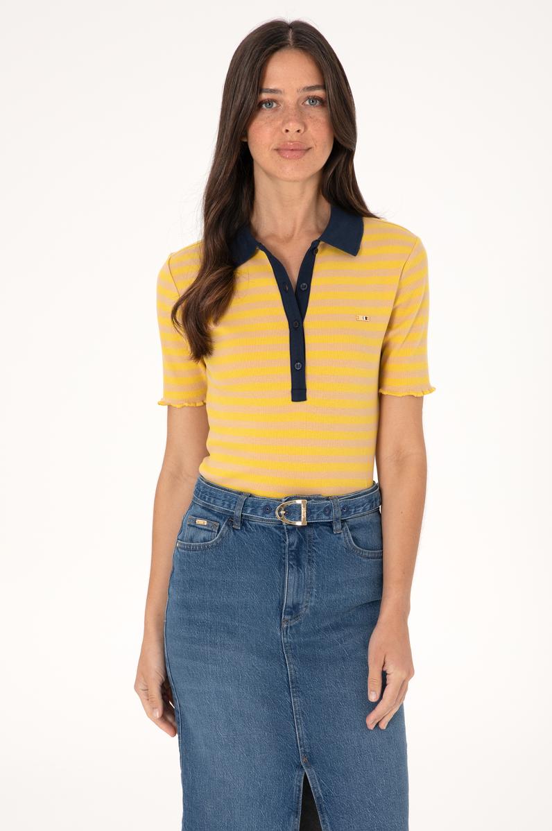 Kadın Koyu Sarı Çizgili Polo Yaka Tişört