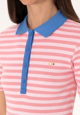 Kadın Pembe Çizgili Polo Yaka Tişört - 50306031012