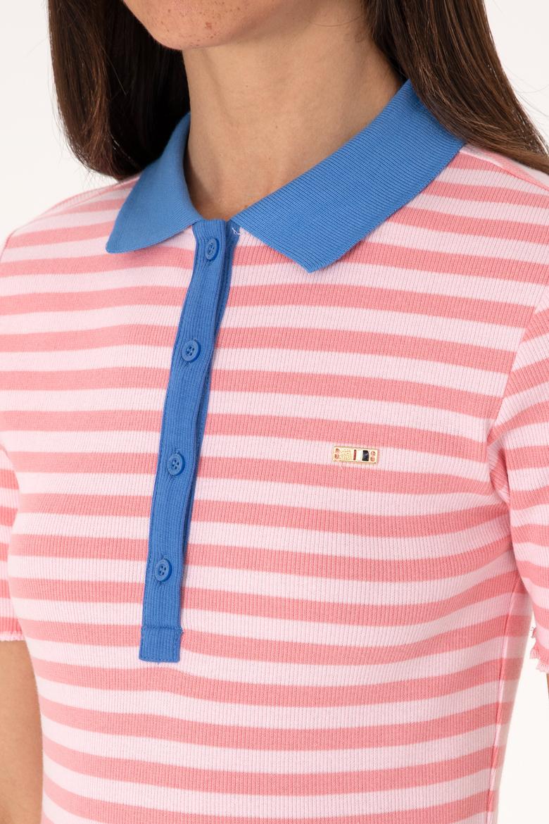 Kadın Pembe Çizgili Polo Yaka Tişört - 50306031012
