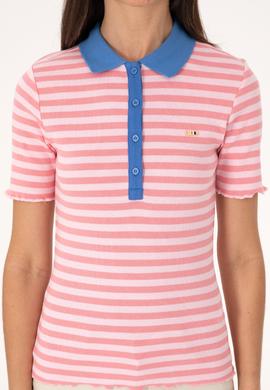 Kadın Pembe Çizgili Polo Yaka Tişört - 50306031012