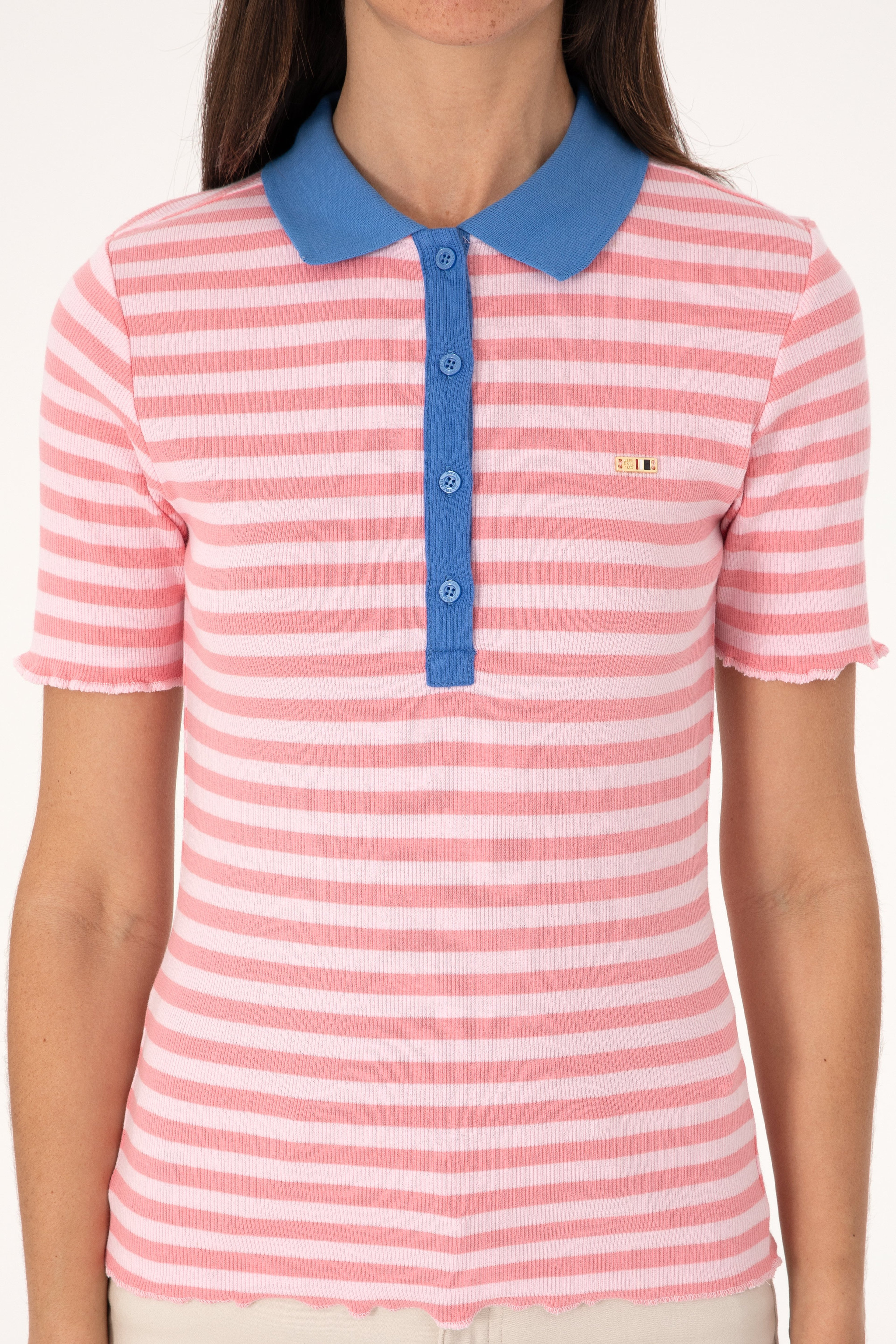 Kadın Pembe Çizgili Polo Yaka Tişört