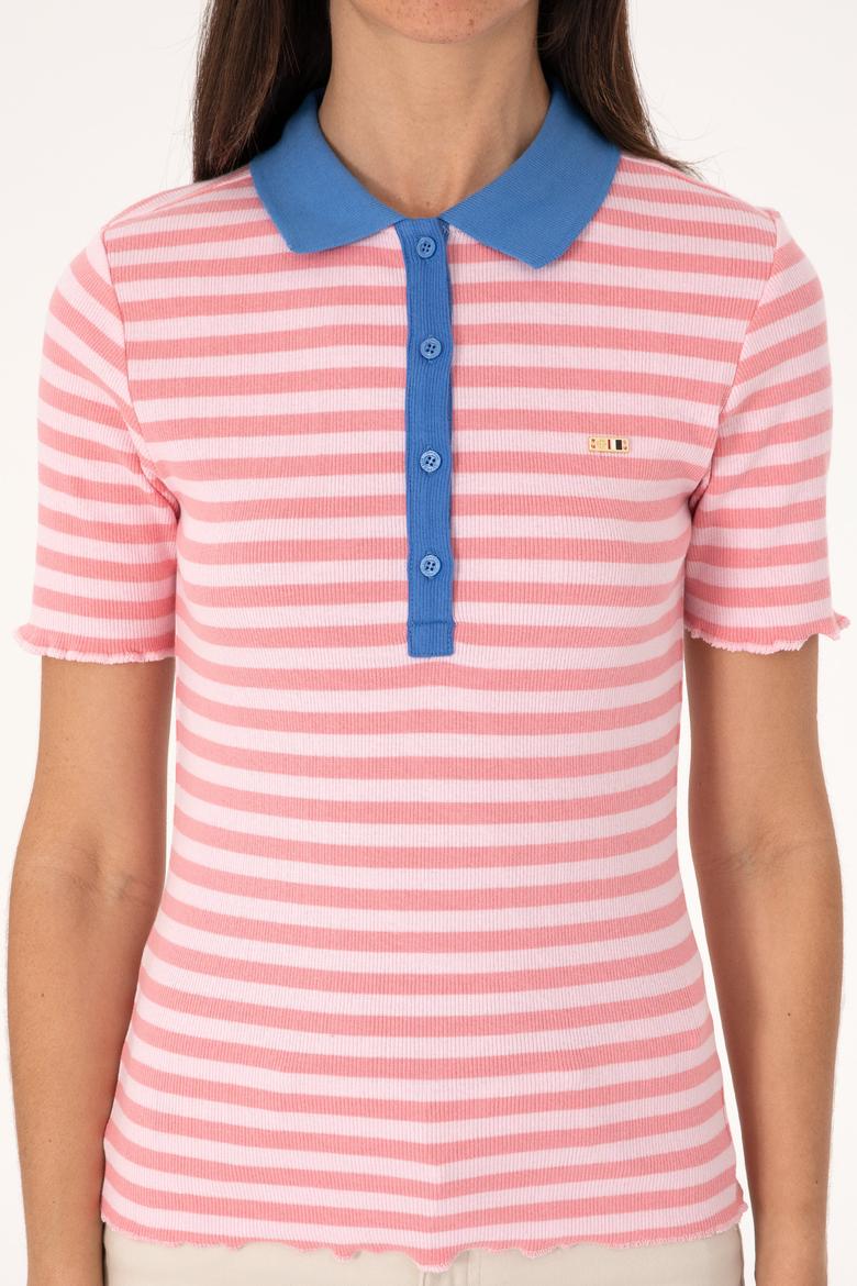 Kadın Pembe Çizgili Polo Yaka Tişört - 50306031012