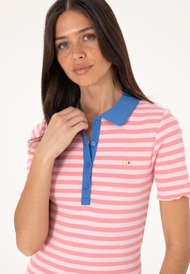 Kadın Pembe Çizgili Polo Yaka Tişört - 50306031012