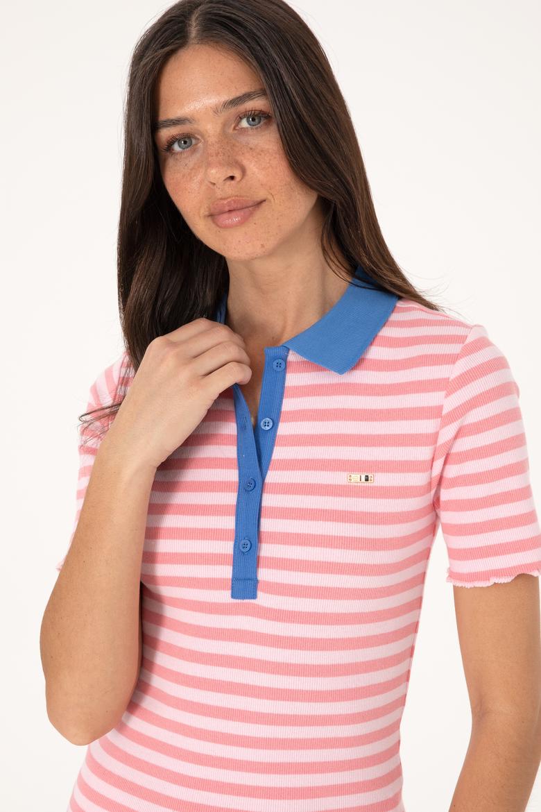 Kadın Pembe Çizgili Polo Yaka Tişört - 50306031012