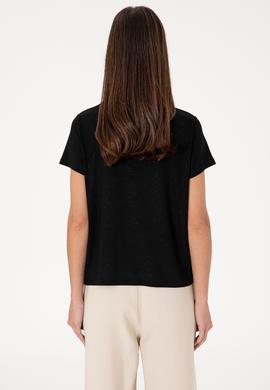 Kadın Siyah Simli V Yaka Tişört - 50305781005