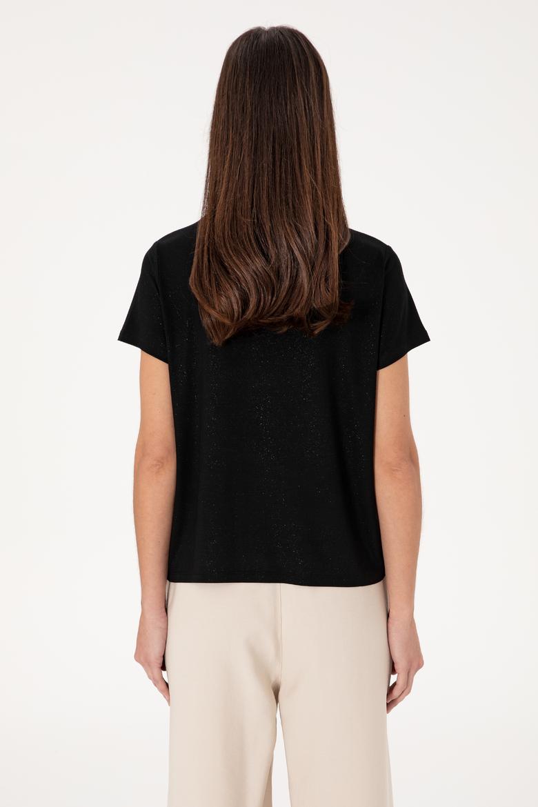 Kadın Siyah Simli V Yaka Tişört - 50305781005