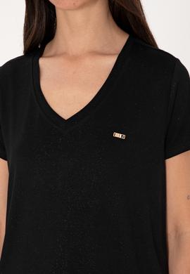 Kadın Siyah Simli V Yaka Tişört - 50305781005