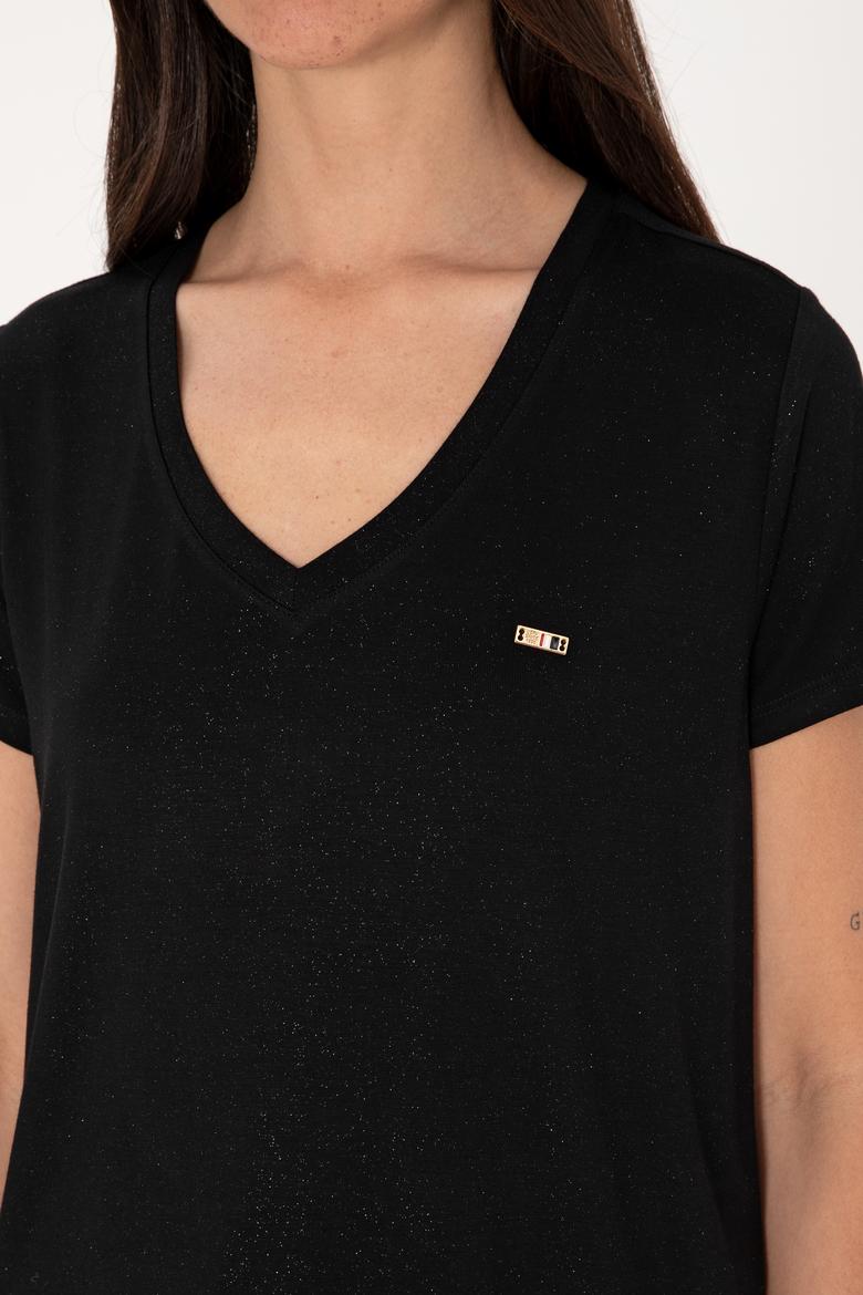 Kadın Siyah Simli V Yaka Tişört - 50305781005