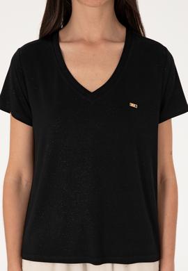 Kadın Siyah Simli V Yaka Tişört - 50305781005