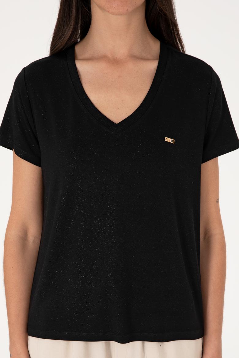 Kadın Siyah Simli V Yaka Tişört - 50305781005