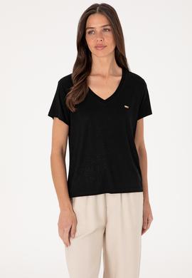 Kadın Siyah Simli V Yaka Tişört - 50305781005
