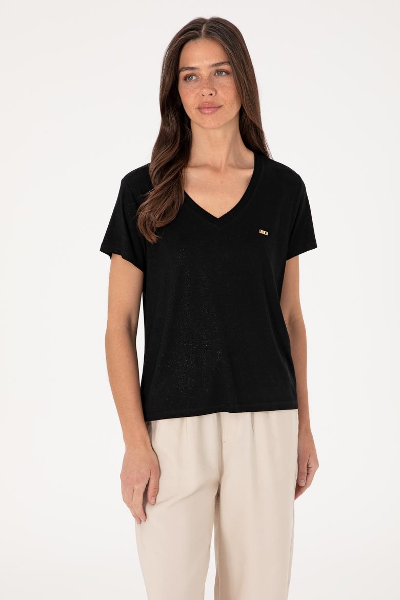 Kadın Siyah Simli V Yaka Tişört - 50305781005
