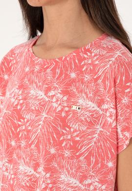 Kadın Pembe Desenli Bisiklet Yaka Tişört - 50305761020