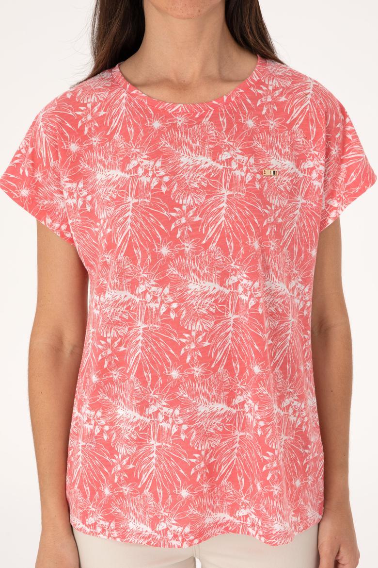 Kadın Pembe Desenli Bisiklet Yaka Tişört - 50305761020