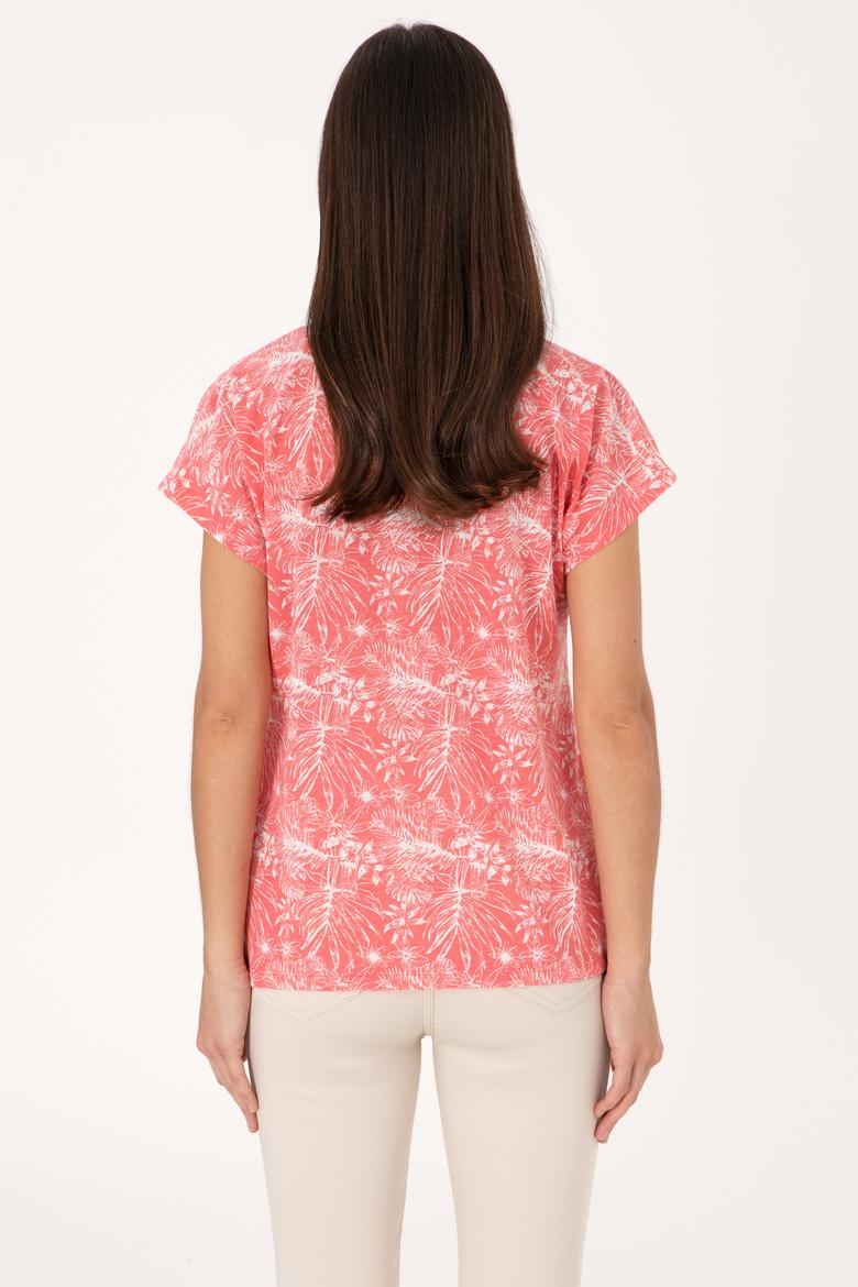 Kadın Pembe Desenli Bisiklet Yaka Tişört - 50305761020