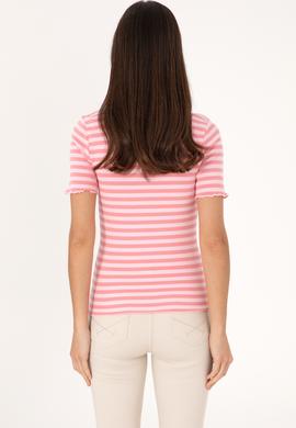 Kadın Pembe Çizgili Polo Yaka Tişört - 50306031012