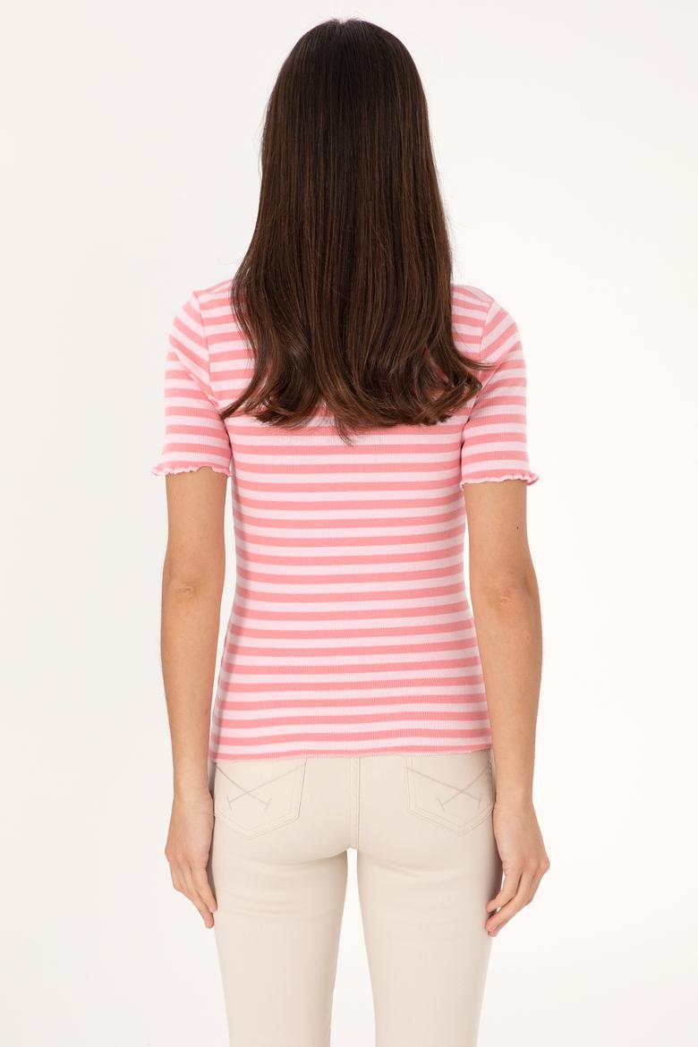 Kadın Pembe Çizgili Polo Yaka Tişört - 50306031012
