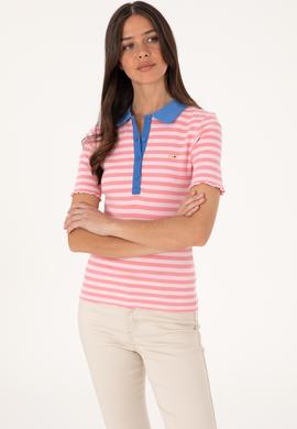 Kadın Pembe Çizgili Polo Yaka Tişört - 50306031012