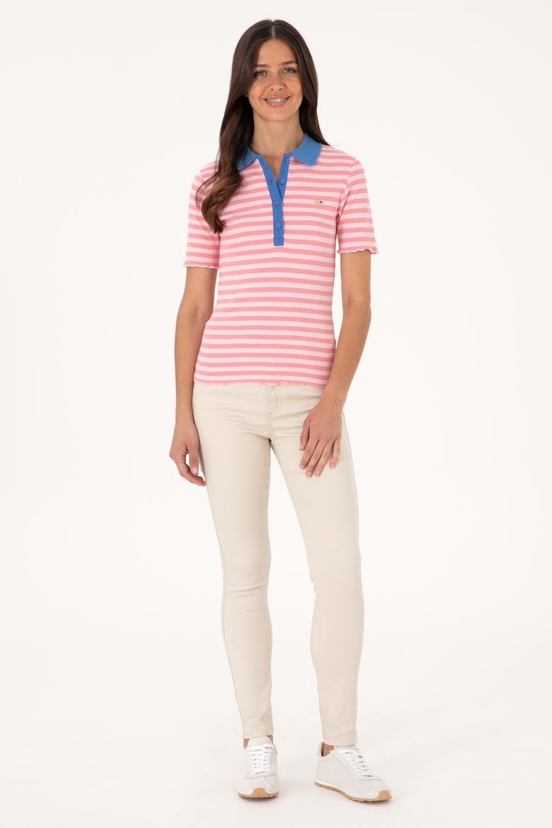 Kadın Pembe Çizgili Polo Yaka Tişört - 50306031012