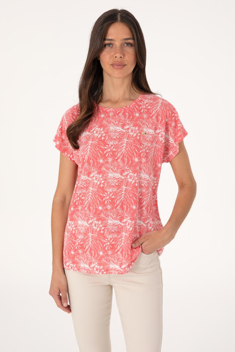 Kadın Pembe Desenli Bisiklet Yaka Tişört