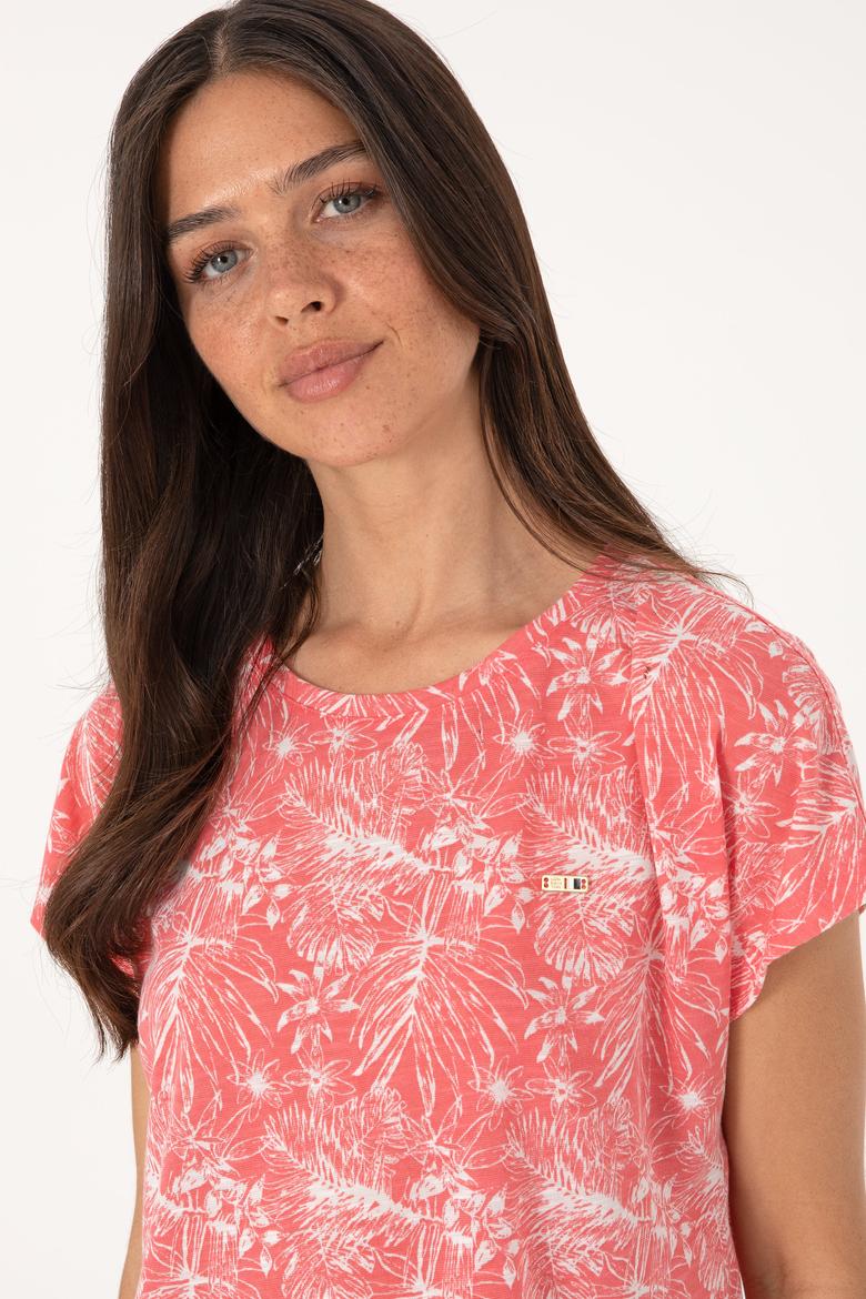 Kadın Pembe Desenli Bisiklet Yaka Tişört - 50305761020