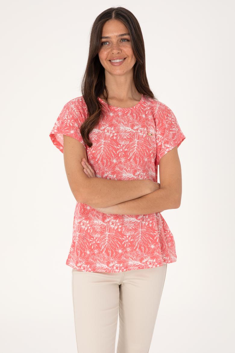 Kadın Pembe Desenli Bisiklet Yaka Tişört - 50305761020