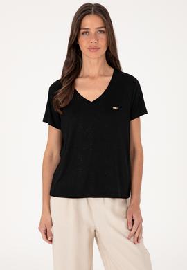 Kadın Siyah Simli V Yaka Tişört - 50305781005