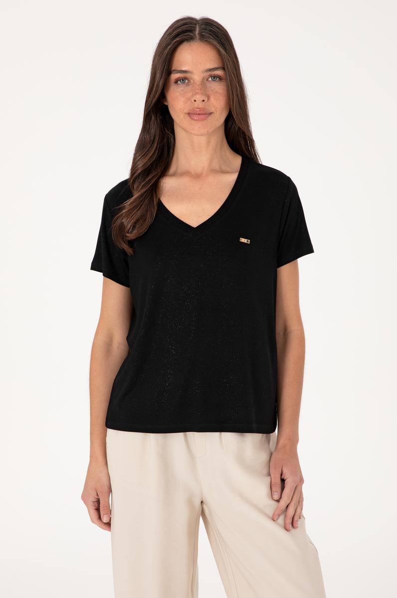 Kadın Siyah Simli V Yaka Tişört