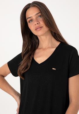 Kadın Siyah Simli V Yaka Tişört - 50305781005