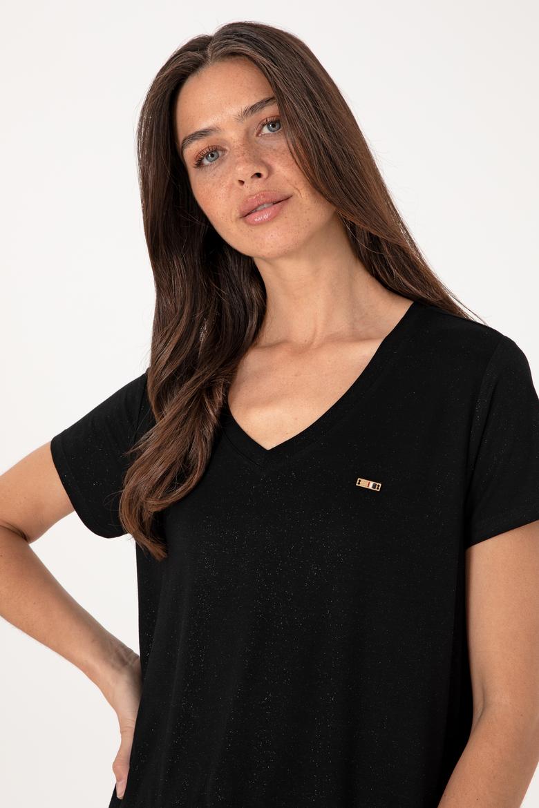 Kadın Siyah Simli V Yaka Tişört - 50305781005