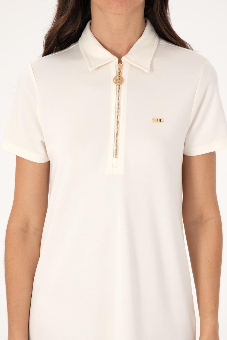 Kadın Krem Modal Karışımlı Polo Yaka Mini Boy Örme Elbise - 50306741004