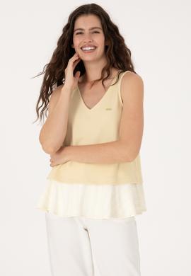 Kadın Açık Haki Kolsuz V Yaka Tişört - 50300672004