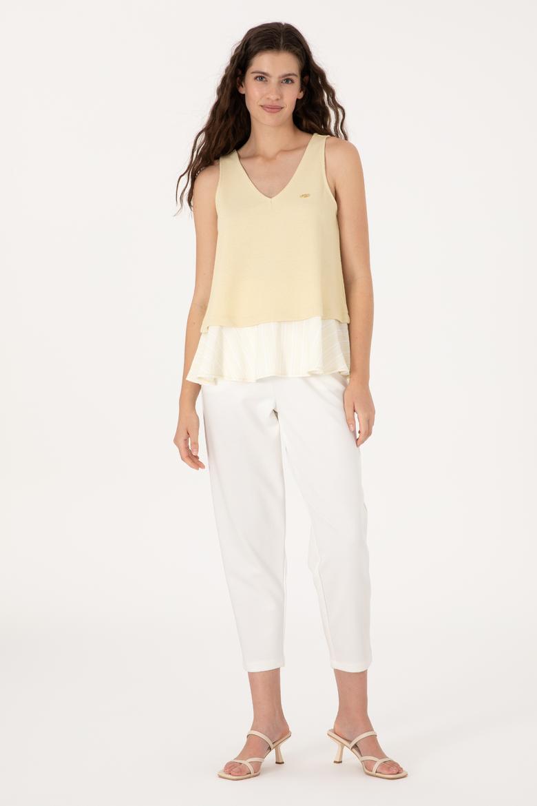 Kadın Açık Haki Kolsuz V Yaka Tişört - 50300672004